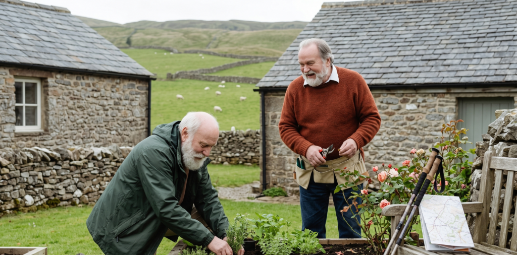 Two men tending to plants in a lush garden, engaged in gardening activities