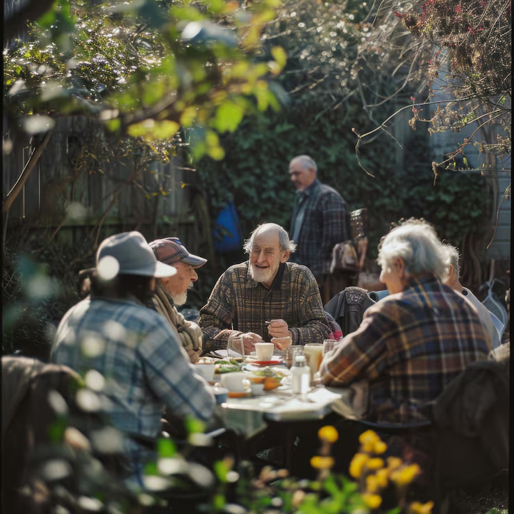 Elderly people enjoy outdoor gathering at a garden table sharing food and conversation surrounded by nature