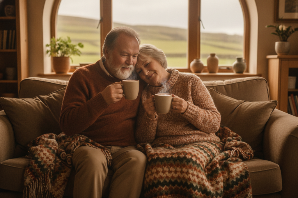 Elderly couple in cosy jumpers enjoying hot drinks on a sofa, wrapped in warm blankets.