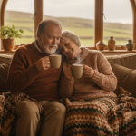 Elderly couple in cosy jumpers enjoying hot drinks on a sofa, wrapped in warm blankets.